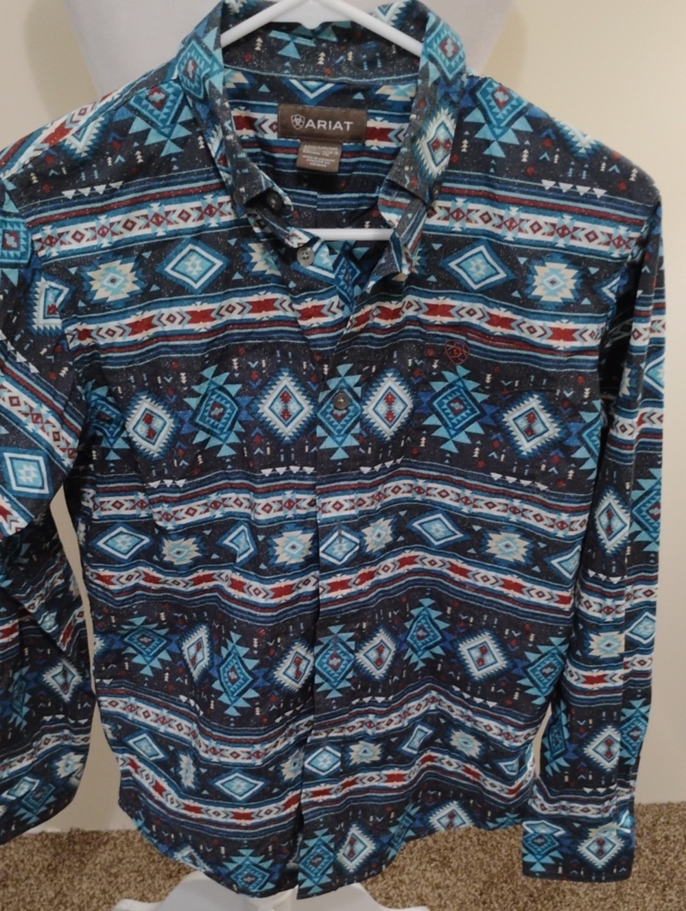 Ariat Boys Teal Navy and Red Aztec-Print Button-Down Shirt